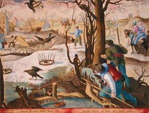Birdcatchers Using Traps Baited with Rats to Capture Hawks, plate 64 from Venationes Ferarum, Avium, Piscium Of Hunting Wild Beasts, Birds, Fish engraved by Jan Collaert 1566-1628 published by Phillipus Gallaeus of Amsterdam by Giovanni Stradano