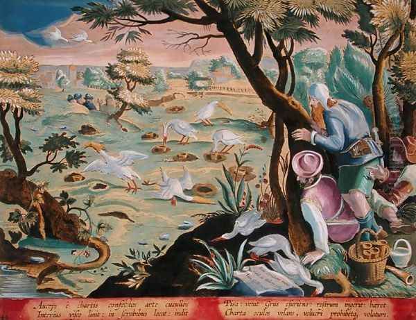 Birdcatchers using a system of baited pits to trap cranes by their bills, plate 40 Venationes Ferarum, Avium, Piscium Of Hunting Wild Beasts, Birds, Fish engraved by Jan Collaert 1566-1628 published by Phillipus Gallaeus of Amsterdam - view 1