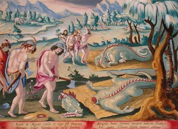 Decapitating Crocodiles, plate 46 from Venationes Ferarum, Avium, Piscium Of Hunting Wild Beasts, Birds, Fish engraved by Jan Collaert 1566-1628 published by Phillipus Gallaeus of Amsterdam - view 1