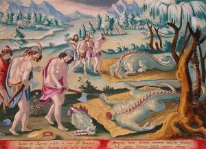 Decapitating Crocodiles, plate 46 from Venationes Ferarum, Avium, Piscium Of Hunting Wild Beasts, Birds, Fish engraved by Jan Collaert 1566-1628 published by Phillipus Gallaeus of Amsterdam