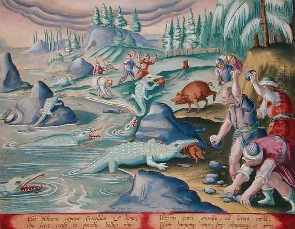 Capturing Crocodiles on the Banks of the Nile Using Tethered Pigs as Bait, plate 87 from Venationes Ferarum, Avium, Piscium Of Hunting Wild Beasts, Birds, Fish engraved by Jan Collaert 1566-1628 published by Phillipus Gallaeus of Amsterdam - view 1