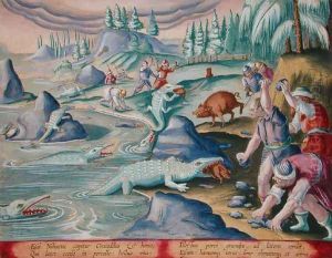 Capturing Crocodiles on the Banks of the Nile Using Tethered Pigs as Bait, plate 87 from Venationes Ferarum, Avium, Piscium Of Hunting Wild Beasts, Birds, Fish engraved by Jan Collaert 1566-1628 published by Phillipus Gallaeus of Amsterdam by Giovanni Stradano