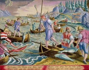 Fishing with Nets and Tridents in the Bay of Naples, plate 89 from 'Venationes Ferarum, Avium, Piscium Of Hunting Wild Beasts, Birds, Fish engraved by Jan Collaert 1566-1628 published by Phillipus Gallaeus of Amsterdam Fishing with Nets and Tridents in the Bay of Naples, plate 89 from 'Venationes Ferarum, Avium, Piscium Of Hunting Wild Beasts, Birds, Fish engraved by Jan Collaert 1566-1628 published by Phillipus Gallaeus of Amsterdam