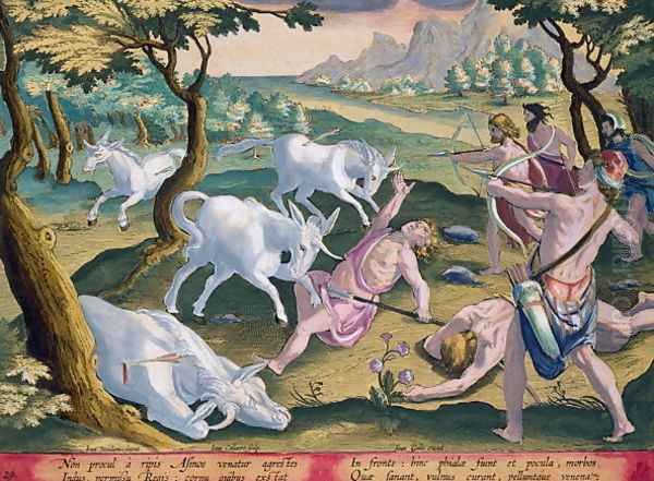 Unicorns on the Banks of the Indus, Hunted by Permission of the King, plate 29 from Venationes Ferarum, Avium, Piscium Of Hunting Wild Beasts, Birds, Fish engraved by Jan Collaert 1566-1628 published by Phillipus Gallaeus of Amsterdam - view 1