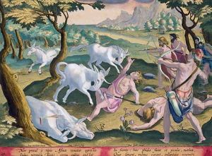 Unicorns on the Banks of the Indus, Hunted by Permission of the King, plate 29 from Venationes Ferarum, Avium, Piscium Of Hunting Wild Beasts, Birds, Fish engraved by Jan Collaert 1566-1628 published by Phillipus Gallaeus of Amsterdam