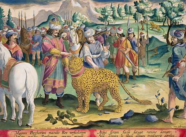 The Great King of the Parthians Hunts with his Tame Panthers, plate 9 from Venationes Ferarum, Avium, Piscium Of Hunting Wild Beasts, Birds, Fish engraved by Jan Collaert 1566-1628 published by Phillipus Gallaeus of Amsterdam - view 1