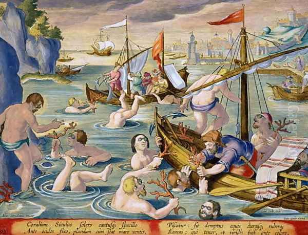 Diving for Coral, plate 92 from Venationes Ferarum, Avium, Piscium Of Hunting Wild Beasts, Birds, Fish engraved by Jan Collaert 1566-1628 published by Phillipus Gallaeus of Amsterdam - view 1