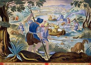 Fishing with Tridents, plate 90 from Venationes Ferarum, Avium, Piscium Of Hunting Wild Beasts, Birds, Fish engraved by Jan Collaert 1566-1628 published by Phillipus Gallaeus of Amsterdam Fishing with Tridents, plate 90 from Venationes Ferarum, Avium, Piscium Of Hunting Wild Beasts, Birds, Fish engraved by Jan Collaert 1566-1628 published by Phillipus Gallaeus of Amsterdam