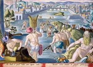 Fishing in Shallow Waters Using Nets, plate 96 from Venationes Ferarum, Avium, Piscium Of Hunting Wild Beasts, Birds, Fish engraved by Jan Collaert 1566-1628 published by Phillipus Gallaeus of Amsterdam