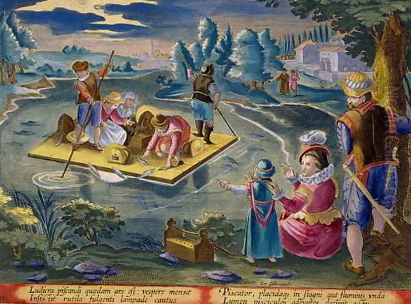 Fishing on a Lake at Night, plate 101 from Venationes Ferarum, Avium, Piscium Of Hunting Wild Beasts, Birds, Fish engraved by Jan Collaert 1566-1628 published by Phillipus Gallaeus of Amsterdam - view 1