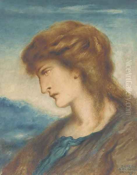 Study of a woman, bust-length in profile to the left, wearing a brown and blue dress - view 1