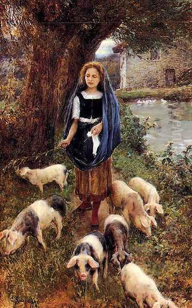 Woman Herding Pigs - view 1