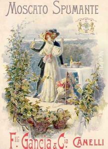 Poster advertising Moscato Spumante, printed by Doyen, Turin, 1896 by Cesare Saccaggi