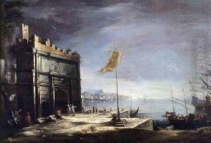 Capriccio of a Port Scene with a Classical Arch 1720s by Antonio Stom
