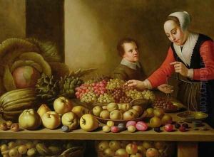 Girl selling grapes from a large table laden with fruit and vegetables by Floris Gerritsz. van Schooten