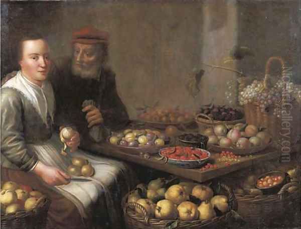 A kitchen interior with a peasant woman peeling a pear, at a table with grapes, plums, blackberries, cherries and other fruits on earthenware plates - view 1