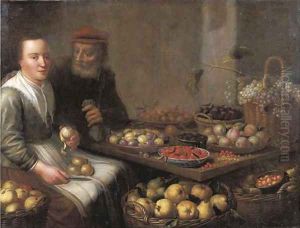 A kitchen interior with a peasant woman peeling a pear, at a table with grapes, plums, blackberries, cherries and other fruits on earthenware plates by Floris Gerritsz. van Schooten