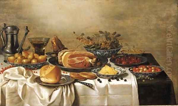 A pewter jug, a Berkemeyer, pears, peas and gooseberries, white currants, fraises-de-bois and butter in Wan-Li porcelain dishes, a leg of ham - view 1