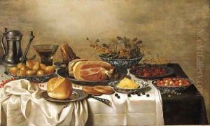 A pewter jug, a Berkemeyer, pears, peas and gooseberries, white currants, fraises-de-bois and butter in Wan-Li porcelain dishes, a leg of ham