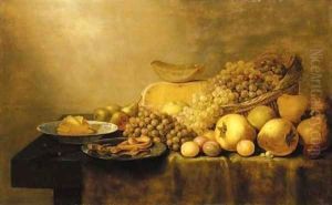 Grapes in a basket, with pears, plums, cheese, butter in a porcelain dish, pastries on a pewter dish and a knife on a partially draped table