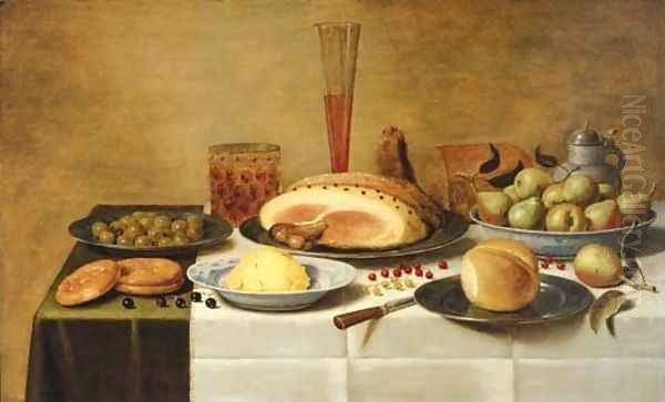 Mulberries, a ham and a bun on pewter plates, butter and pears on porcelain dishes with a beerglass, a flute and a knife on a draped table - view 1