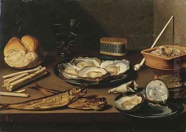 Pewter plates with opened oysters, two mackerel, a bun, oyster shells, a bag of tobacco, matches, a white clay pipe, a berkemeier of white wine - view 1