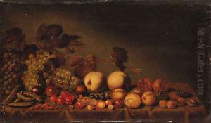 Grapes, plums, medlars, cherries, assorted berries and peas on a draped table