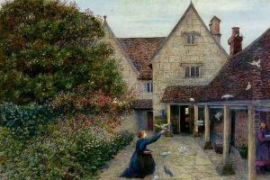 Feeding The Doves At Kelmscott Manor, Oxfordshire by Maria Euphrosyne Spartali, later Stillman
