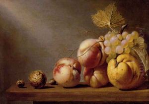 A Still Life Of Paeches, Grapes, A Quince, A Walnut And Two Hazelnuts On A Wooden Table by Harmen Steenwijck