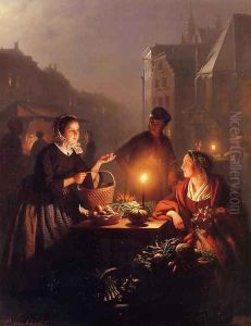 A Moonlit Vegetable Market by Petrus van Schendel