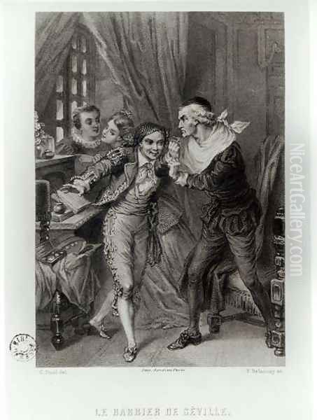 Figaro, illustration from Act III Scene 12 of The Barber of Seville by Pierre Augustin Caron de Beaumarchais 1732-99 engraved by Ferdinand Delanoy fl.1850 1874 - view 1