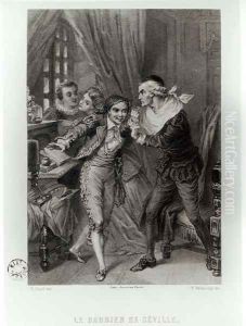 Figaro, illustration from Act III Scene 12 of The Barber of Seville by Pierre Augustin Caron de Beaumarchais 1732-99 engraved by Ferdinand Delanoy fl.1850 1874 by Pierre Gustave Eugene (Gustave) Staal