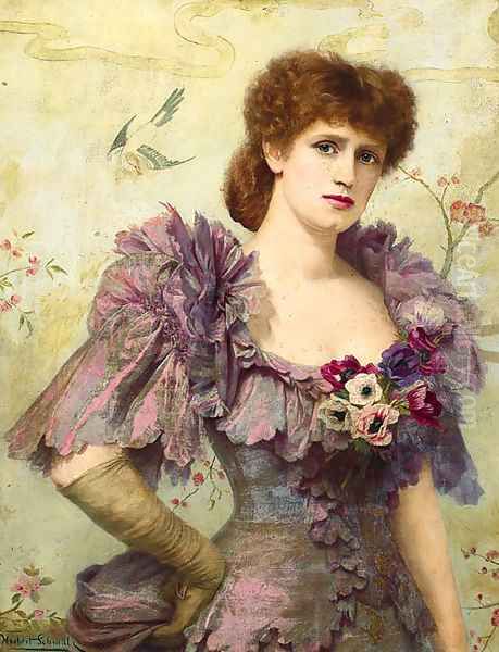 Portrait of Lillie Langtry, half-length, in a purple dress with poppies at her corsage - view 1