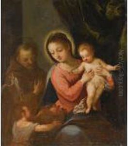 The Madonna And Child With Saint
 Francis In The Background And St John The Baptist Offering A Basket Of 
Fruit