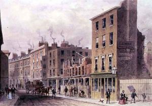 View in Threadneedle Street, pulling down for improvements, Merchant Taylors, Hall or Alderman Moon Print Shop at corner of Finch Lane by Thomas Hosmer Shepherd