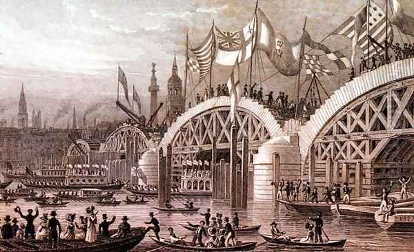 New London Bridge with the Lord Mayors Procession Passing under the Unfinishd Arches, engraved by Thomas Higham 1796-1844 pub. by Jones and Co. November 1828 - view 1