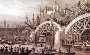 New London Bridge with the Lord Mayors Procession Passing under the Unfinishd Arches, engraved by Thomas Higham 1796-1844 pub. by Jones and Co. November 1828 by Thomas Hosmer Shepherd