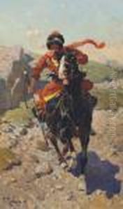 A Caucasian Riding His Horse At Full Gallop by Franz Roubaud