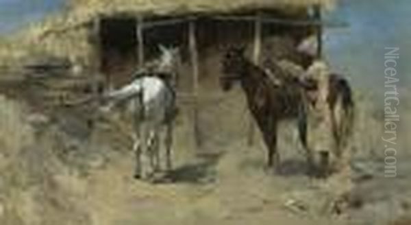 Cossack With A White And A Brown Horse Before A Stable. - view 1