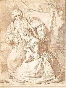 La Courtisane amoureuse a kneeling girl unfastening the garter of a seated gentleman by Pierre Subleyras