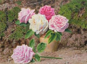 Roses in an Earthenware Vase by a Mossy Bank by John Sherrin