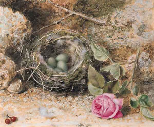 Still life with a birds nest, redcurrants and a rose - view 1