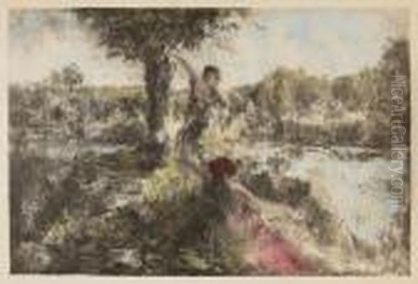 Deux Nymphes Au Bord D'un Etang - view 1