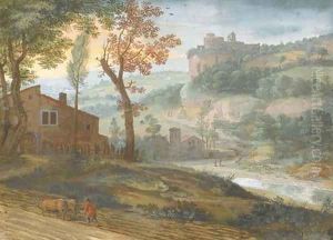 A river landscape with a farmer ploughing in the foreground, a castle seen beyond