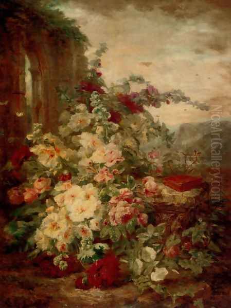 A Book on a Plinth by a Rose Bush at the Ruins - view 1