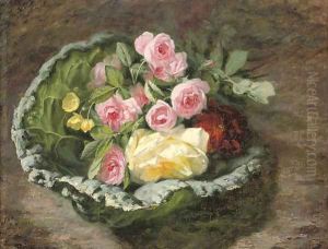 A bouquet of roses and buttercups on a mossy bank by Simon Saint-Jean