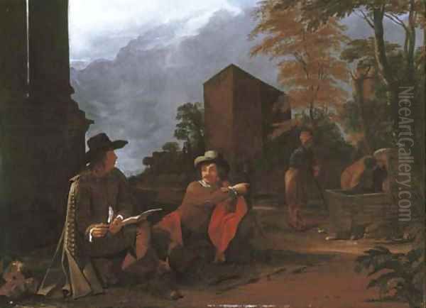An artist sketching by a fountain - view 1
