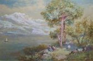 Italian Lake Scene 
 With Figures And Goats