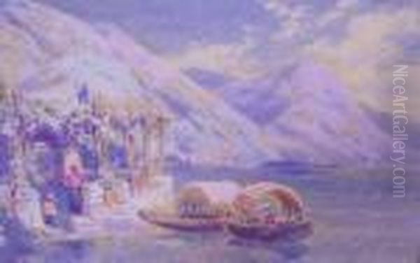 Italian Lake Scene 
 With Arbour And Boats - view 1