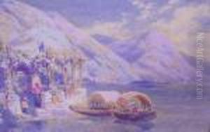 Italian Lake Scene 
 With Arbour And Boats